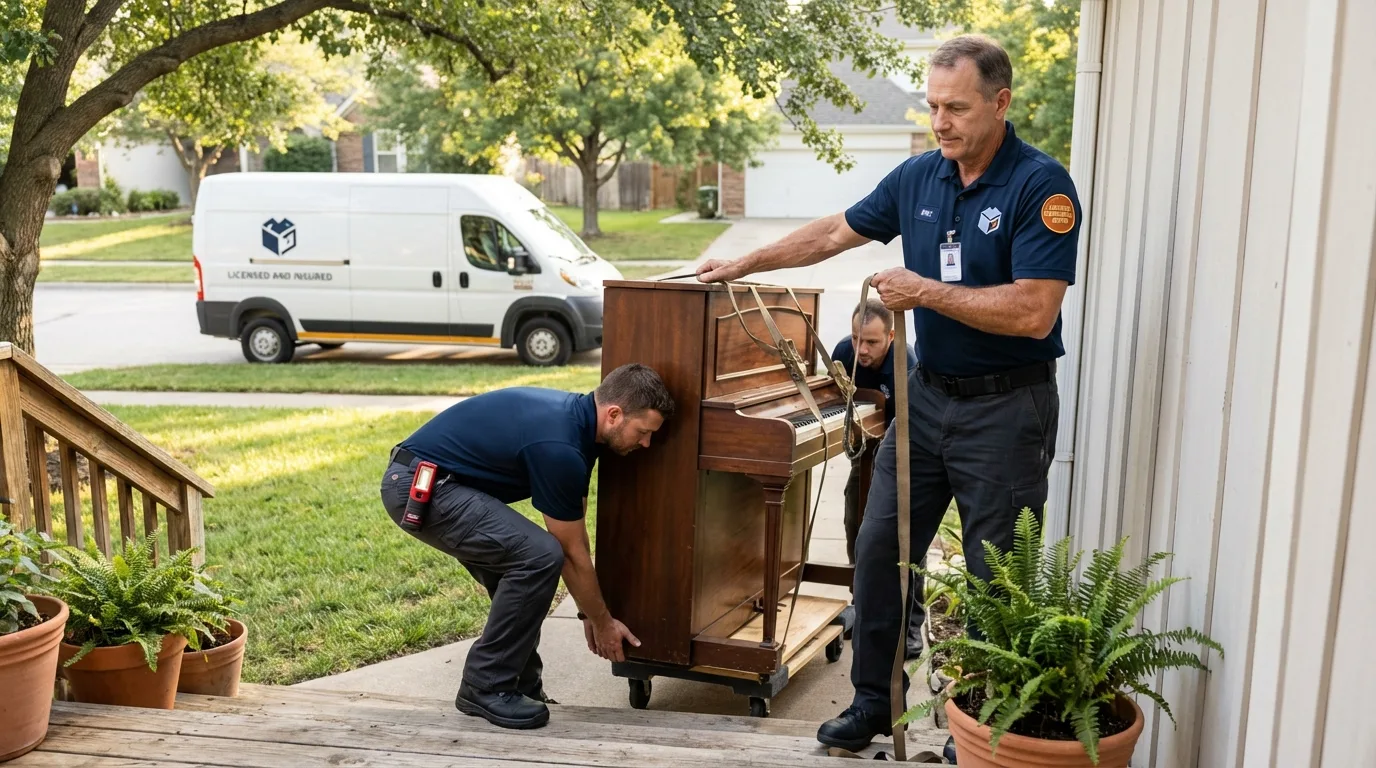 Licensed piano movers securing grand piano in Millbrae, CA