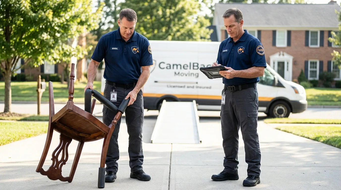 Movers inspecting furniture for damage prevention before loading in Millbrae, CA