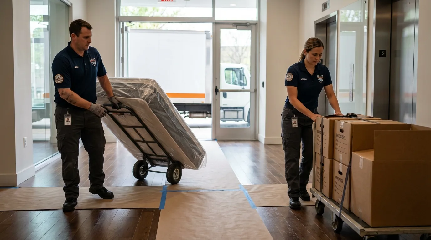 Professional apartment movers loading elevator in Millbrae, CA