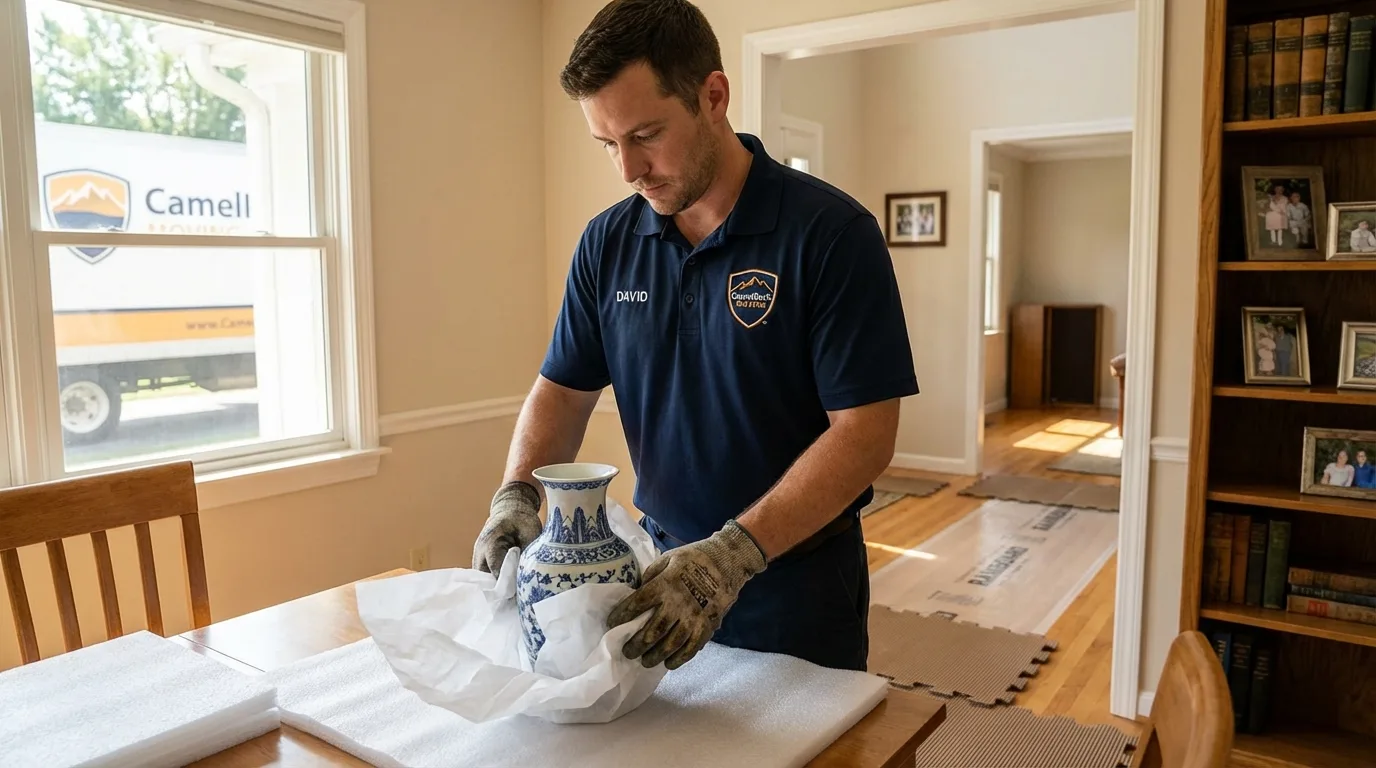 Professional crew carefully wrapping antique vase for senior downsizing move in Millbrae, CA